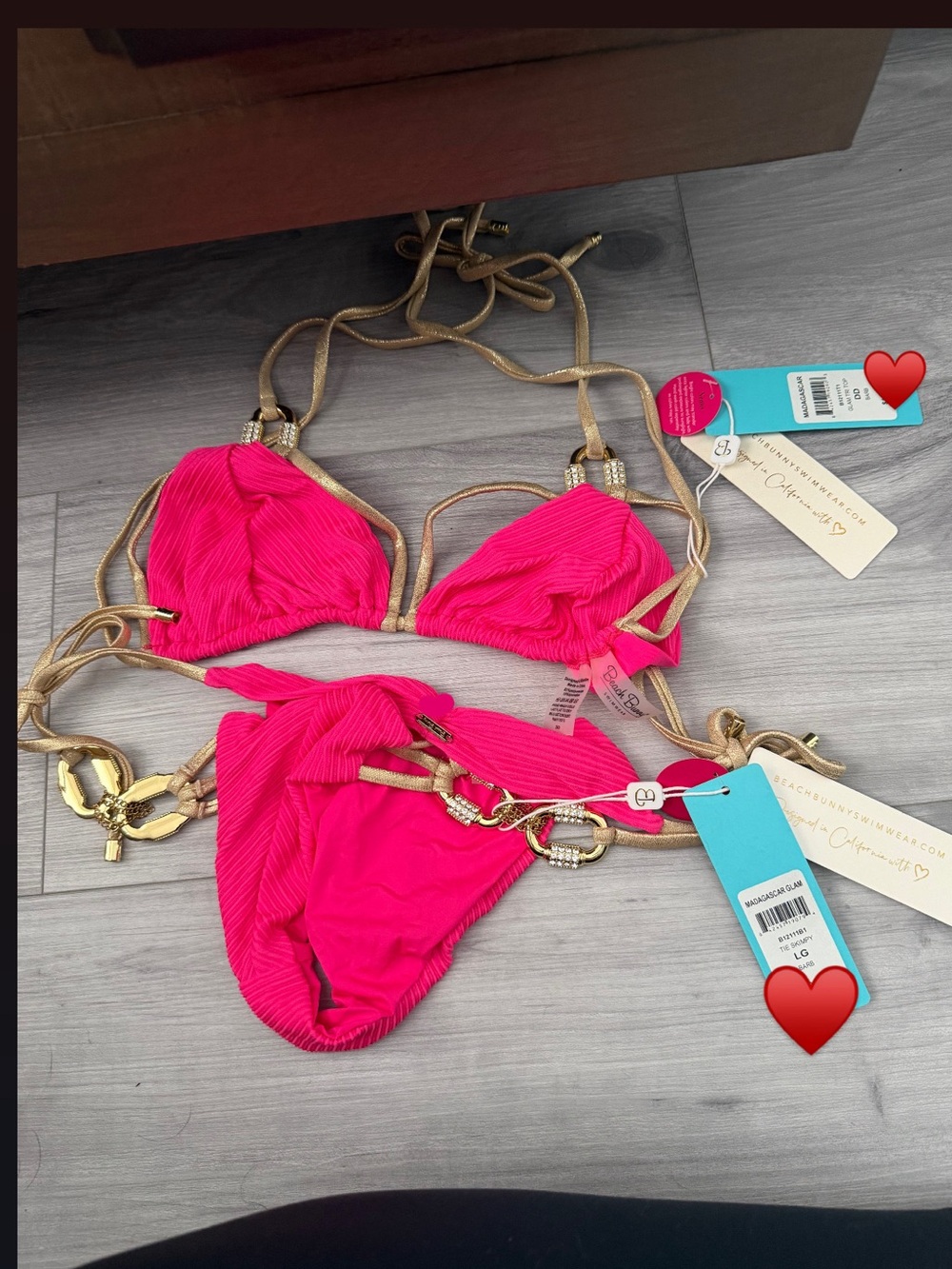 Beach Bunny Bright Hot Pink Bikini with Gold Trim